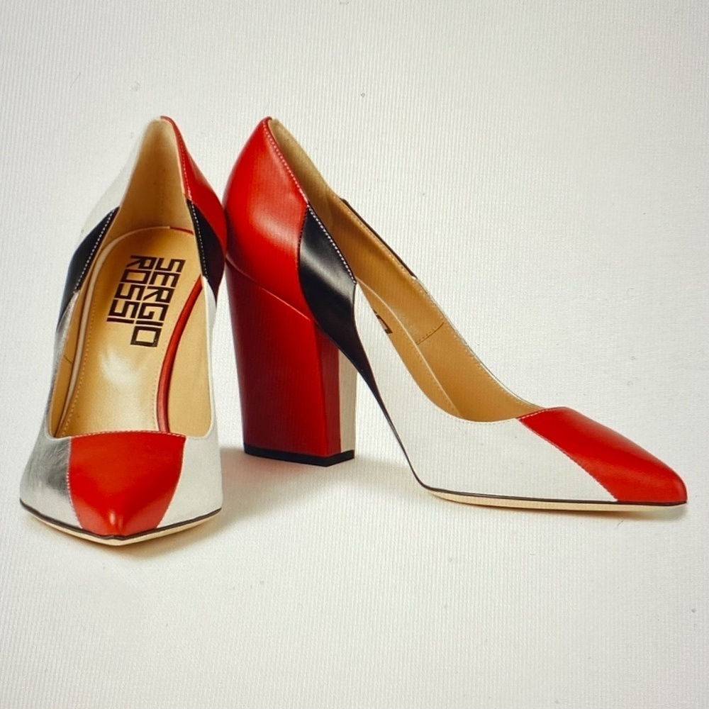 Sergio Rossi‎ Red White Silver Colorblock Pumps EU 40 Block Heel